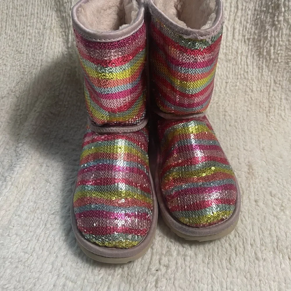 UGG sparkle Sequins Rainbow kids Boots leather blush pink trims  fur lining SZ6